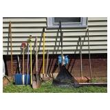 Garden tools, shovels, rakes, broom, pitchfork