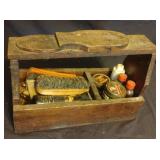 Vintage wood shoe shine box with contents