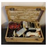 Small wood box with misc string 12 1/2 x 4 x 7