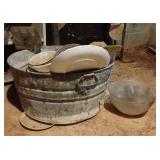 Galvanized pan with vintage misc glass and