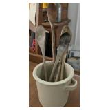 5.5' crock with wooden spoons