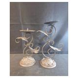 Set of 2 Metal Pillar Candle Holders brown leaf