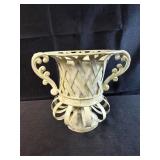 distressed white yellow iron lattice urn planter