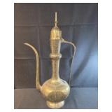 22" tall Brass vintage ewer intricate etched
