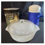 Fire king milk glass round baking dish with lid,