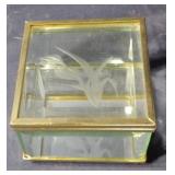 Vintage 3" Glass Trinket Box Mirror Bottom Etched