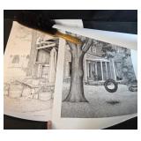 Two 14x20 signed John (?) Pen and ink farmhouse