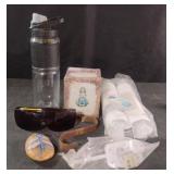 Water bottle, bath cups, Angel figurine and