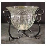 Large Vintage Glass Hurricane Bowl with Iron