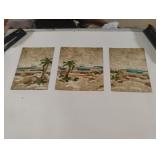 triptych painting depicting a coastal tropical