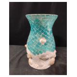 Teal Blue and Green Mosaic Glass Vase Shell Sand