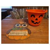 Wooden owl sign, pumpkin bucket