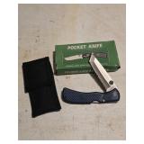 blue folding lockback pocket knife with a