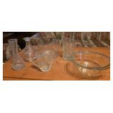 Pyrex glass bowl, creamer and vases