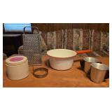 Red and white enamel pot, grater, thermos