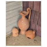 20" terracotta clay jug pitcher, and birdhouses