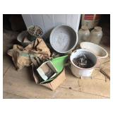 Enamel pot and bowl, glass jars, files, chain,