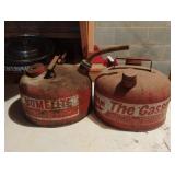 Vintage metal gas cans. 2 1/2. 1 has liquid. NO