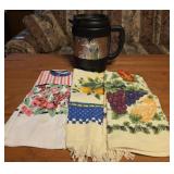 Kitchen towels, large insulated travel mug,