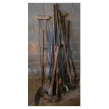 Brooms, double bit ax, faucet, crutches