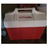 vintage red and white hard-shell plastic cooler