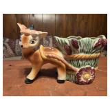vintage 1950s ceramic fawn deer planter pulling a