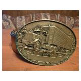 vintage oval brass belt buckle with leather deer