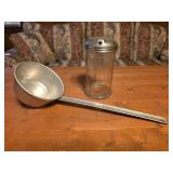 Aluminum ladle, vintage ribbed glass diner-style
