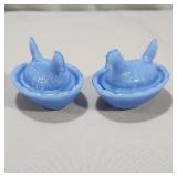 (2) Milk Blue Miniature Hens on Nest Salt Cellars