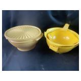 Yellow strainers, and bowl w lid