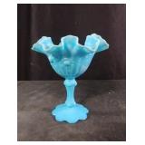 vintage blue and white slag glass compote