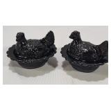 (2) Mosser Glass Black Miniature Hens on Nest