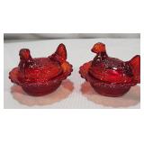 (2) Mosser Glass Red Miniature Hens on Nest