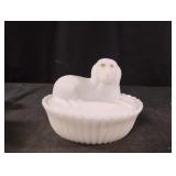Vintage Milk Glass Covered Dish Dog on a Nest