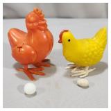 (2) Vintage Plastic Egg-Laying Hens w/ Eggs