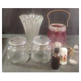 Home decor including glass lidded canisters, salt