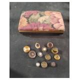 Vintage cloth jewelry box and buttons
