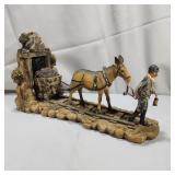 Mule Pulling Coal Cart Resin Figure