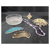 Trinket dishes, birdhouse fan pull , stone