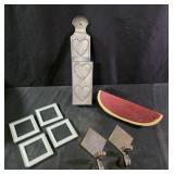 Glass coasters, wooden watermelon,  punch tin