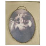 Vintage oval cupid print framed glass chain link
