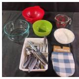 Glass mixing bowl, kitchen utensils and much