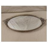 Vintage Gold Metal Oval Mirror Vanity Tray Floral