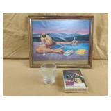 Joe Camel framed portrait, playing cards and a