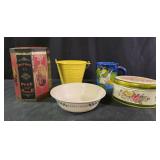 Tins, yellow pail, farm fresh bowl, mug