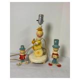 Vintage Wooden Clown Lamp & Figurines