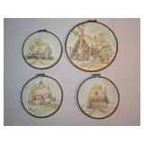 4pc Hand Painted Cottage Scene Canvas Hoops