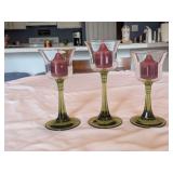 3 Green Glass Tea Light Candlesticks