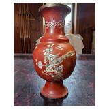 Orange Brass  Inlaid Abalone Asian Vase
