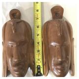 PAIR CARVED WOOD AFRICAN HEAD WALL PLAQUES